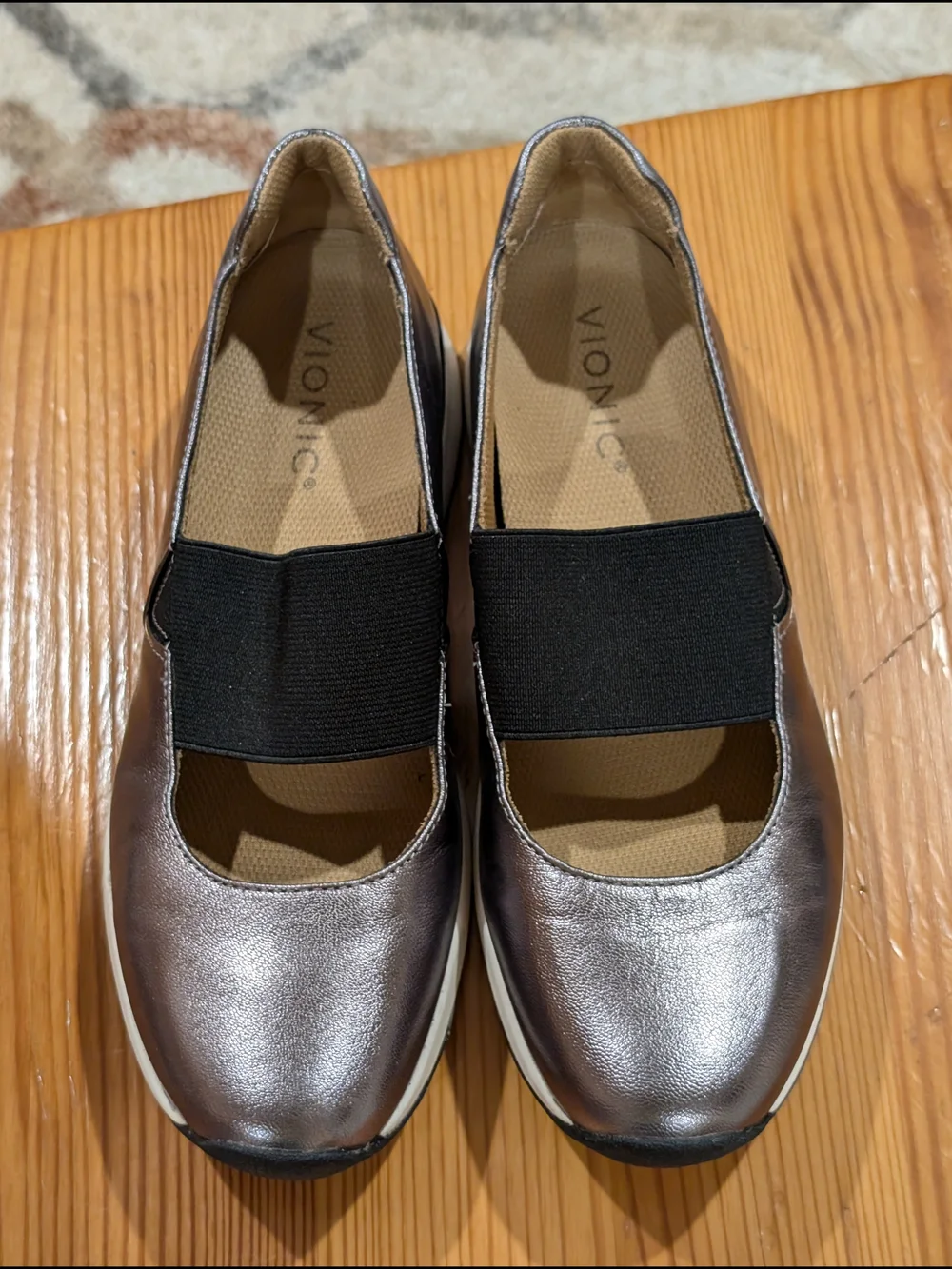 Vionic Metallic Pewter Slip-On Mary Jane Flats with Black Elastic Strap
